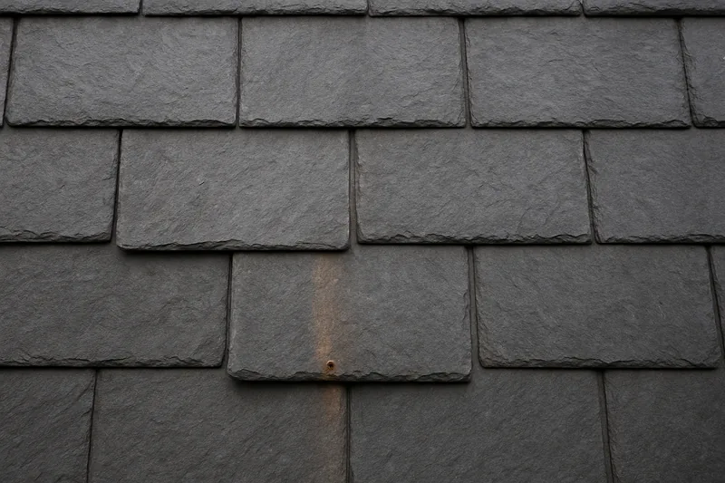 Grey-black slates with a rust-brown streak running down from a corroded nail head — slate roof repairs, Sydney. Illustrative example.