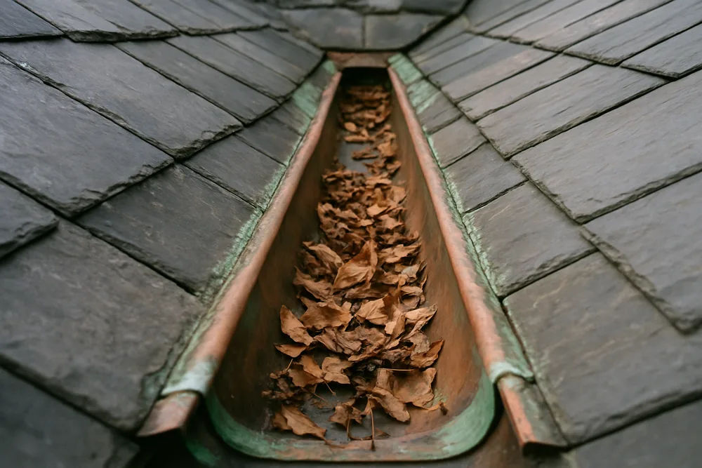 A copper valley gutter between two slate slopes with leaves collected at the bottom — flashings, valleys and gutters, Sydney. Illustrative example.