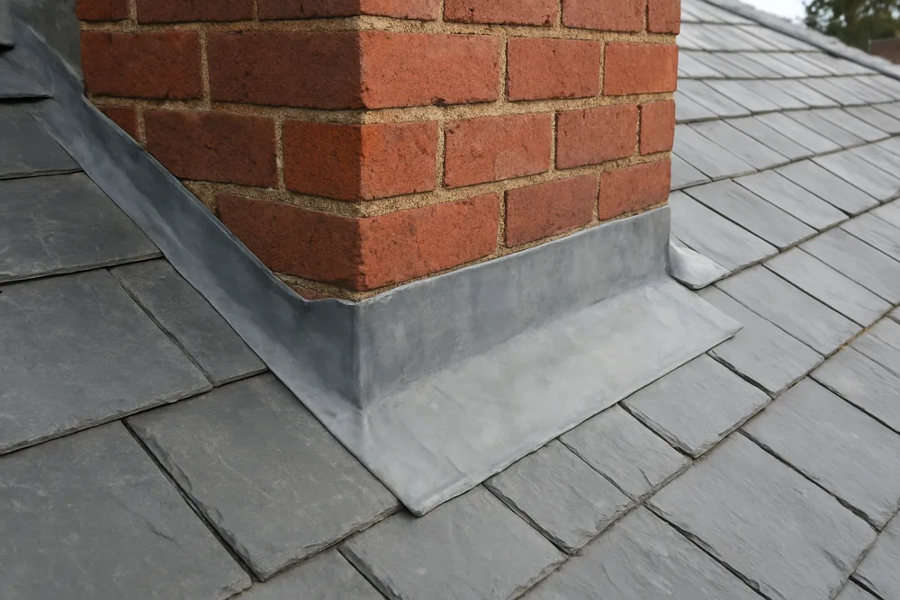 Lead flashing dressed around the base of a brick chimney where it meets a slate slope — flashings, valleys and gutters, Sydney. Illustrative example.