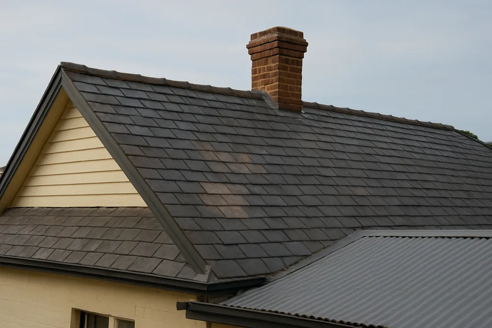 A gabled slate roof with a brick chimney and a corrugated steel rear skillion with a repaired patch near the ridge — slate roof repairs, Sydney. Illustrative example.