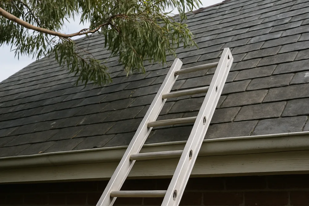 A ladder resting against the gutter below a steep slate slope with a gum branch overhanging — slate roof repairs, Sydney. Illustrative example.