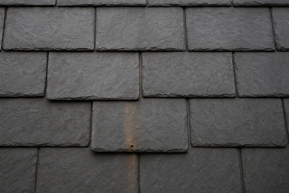 Grey-black slates with a rust-brown streak running down from a corroded nail head — slate roof repairs, Sydney. Illustrative example.
