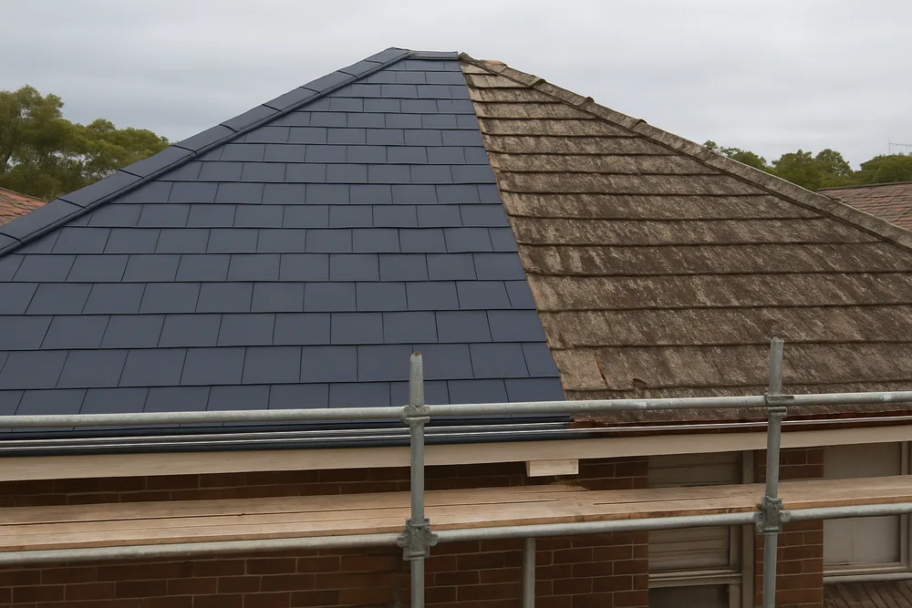 A hipped roof half re-slated, one slope in new dark slate and the other weathered, with scaffold along the eave — slate roof replacement, Sydney. Illustrative example.