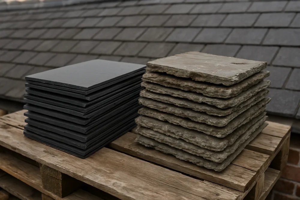 New dark slates with clean cut edges stacked beside weathered grey slates — slate roof replacement, Sydney. Illustrative example.