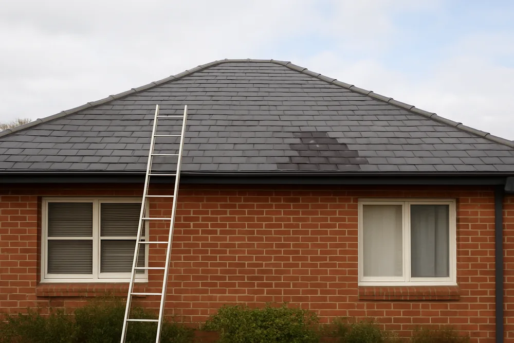 A single-storey brick bungalow with a hipped slate roof, a ladder at the gutter and a section of re-fixed slates — slate roof repairs, Sydney. Illustrative example.