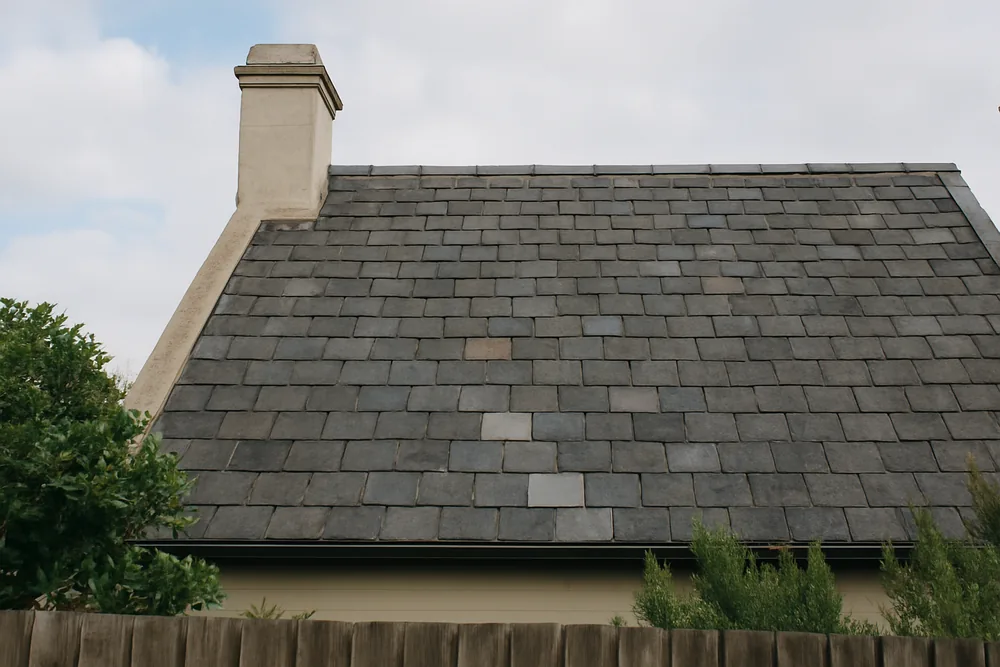 A slate roof with a rendered chimney and a few lighter replacement slates, seen over a back fence — slate roofing, Sydney. Illustrative example.