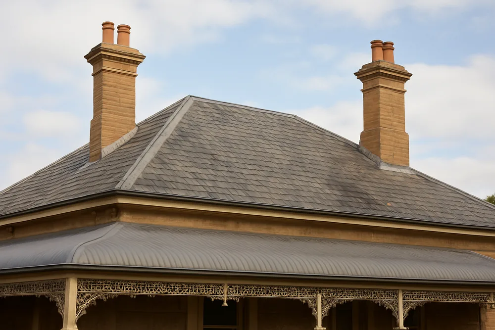 The slate roof of a Victorian villa with two tall chimneys and an iron verandah roof below, one corner re-slated in darker slate — slate roof repairs, Sydney. Illustrative example.