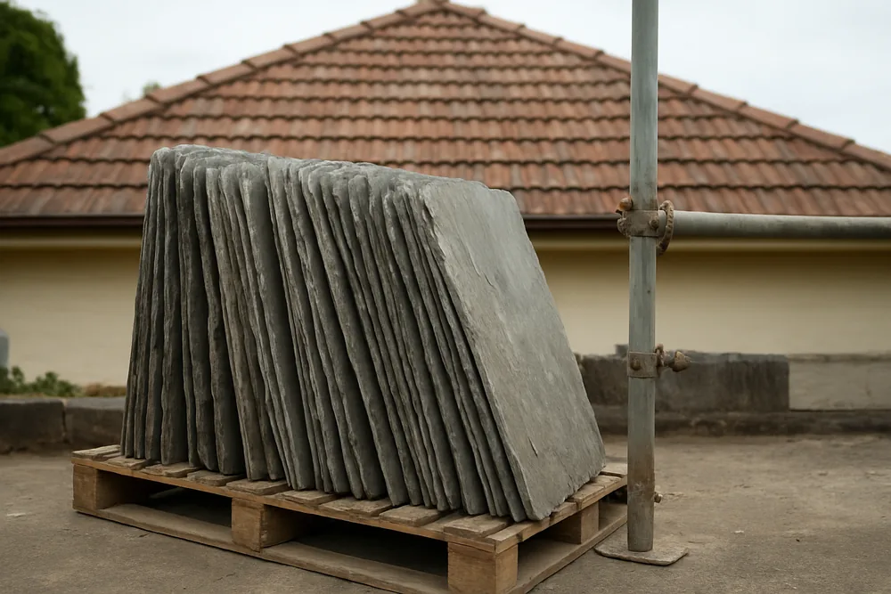 Reclaimed grey slates stacked on edge on a timber pallet beside a scaffold pole — slate roofing, Sydney. Illustrative example.